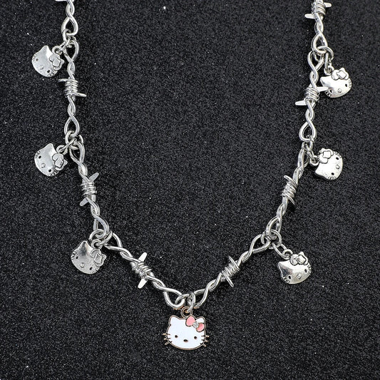 Hip-Hop Gothic Brambles Iron Sanrio Hello Kitty Necklace – Punk Barbed Wire Thorns Chain Choker